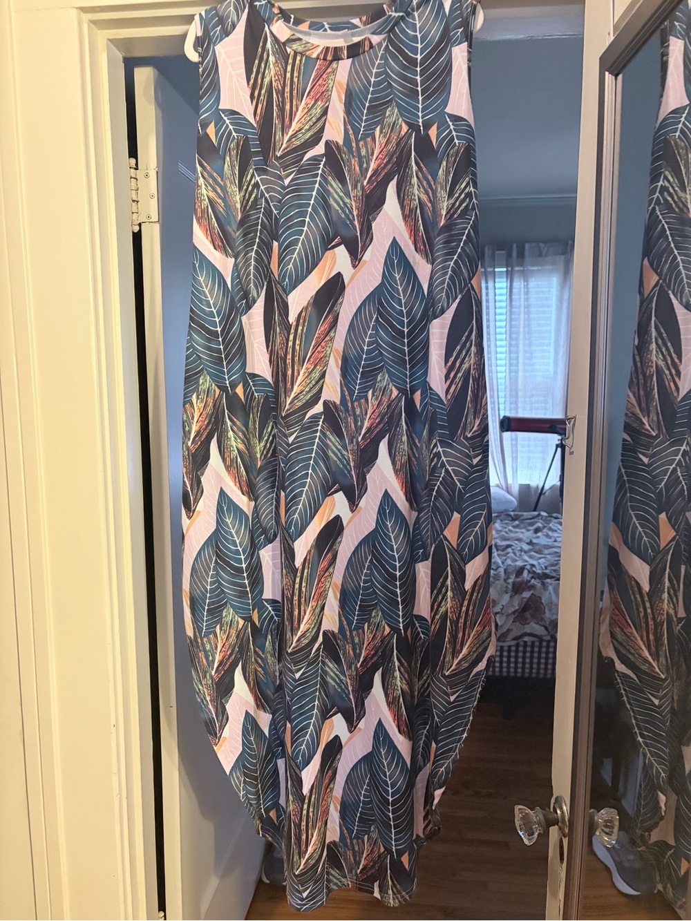 Leaf Print Maxi Dress in Blue and Pink